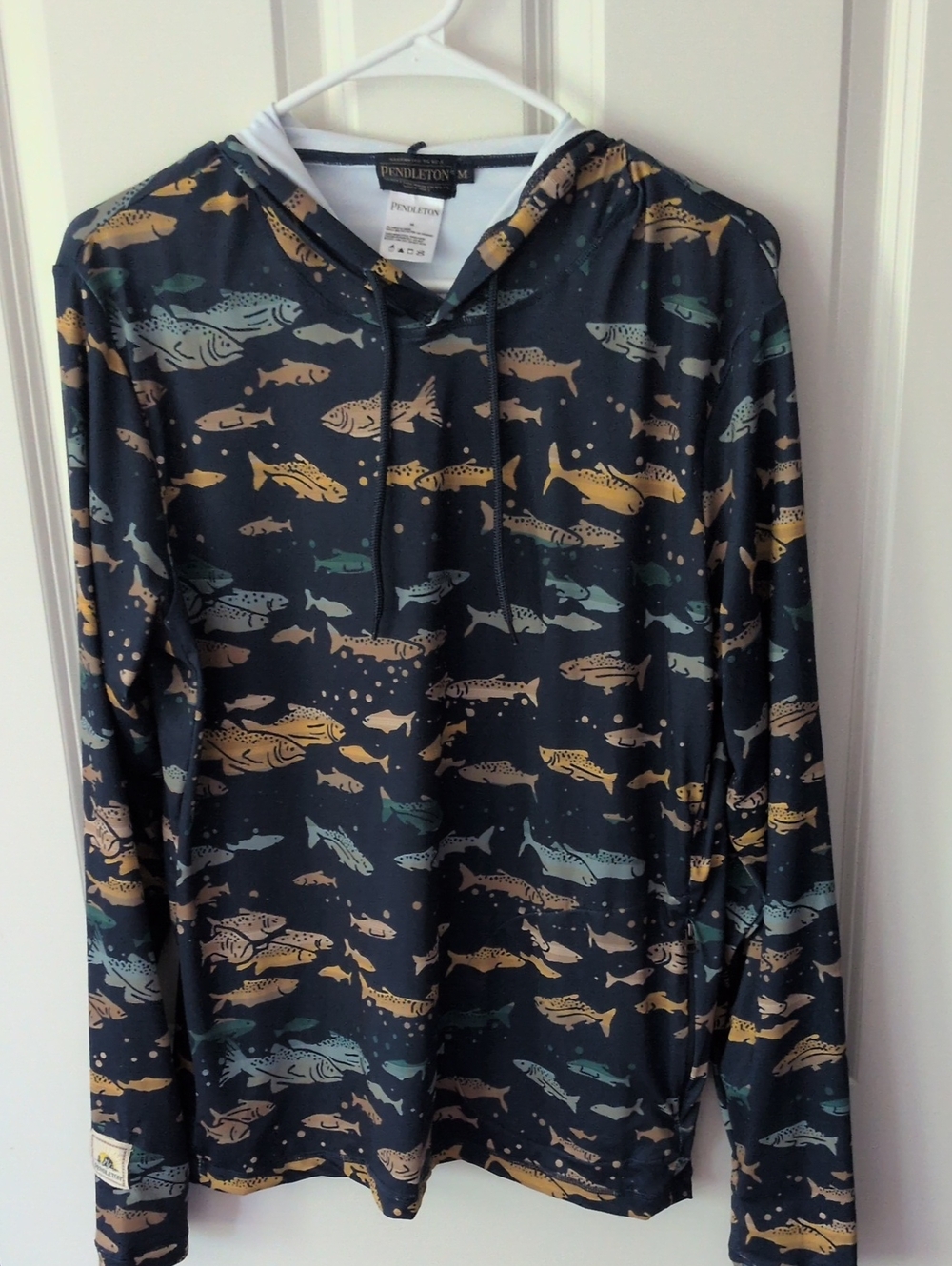 Pendleton Navy Hoodie with Gold and Green Fish Motif